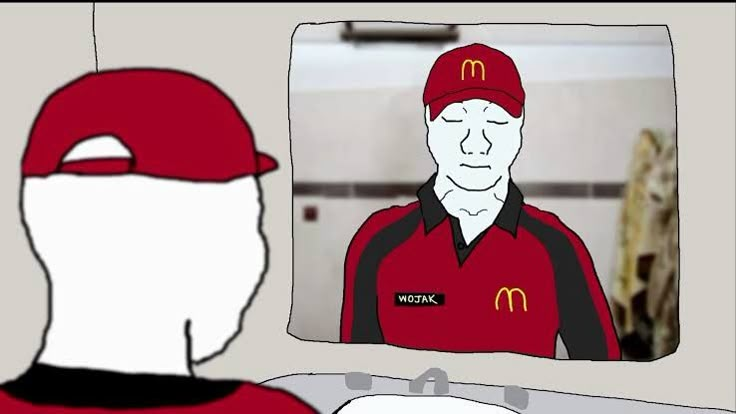Wojak looking in mirror seeing himself in McDonald's uniform
